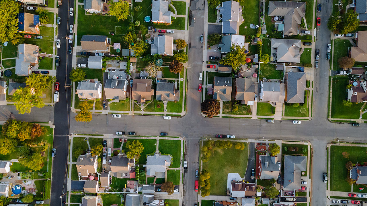 Aerial view of a town representing zoning and land use legal matters