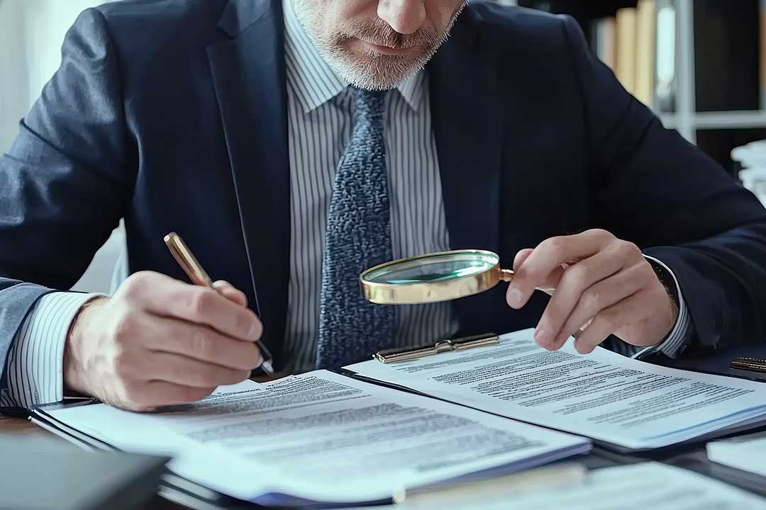 Attorney reviewing a contract document to identify potential issues